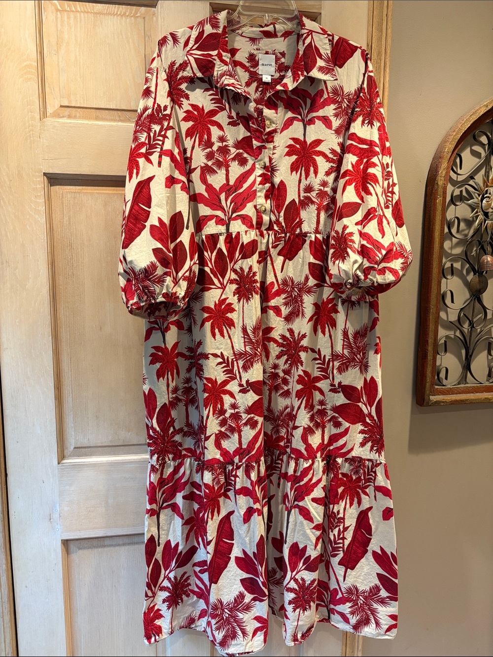 Anthropologie Maeve Bettina Cream Dress with Red Tropical Print XL